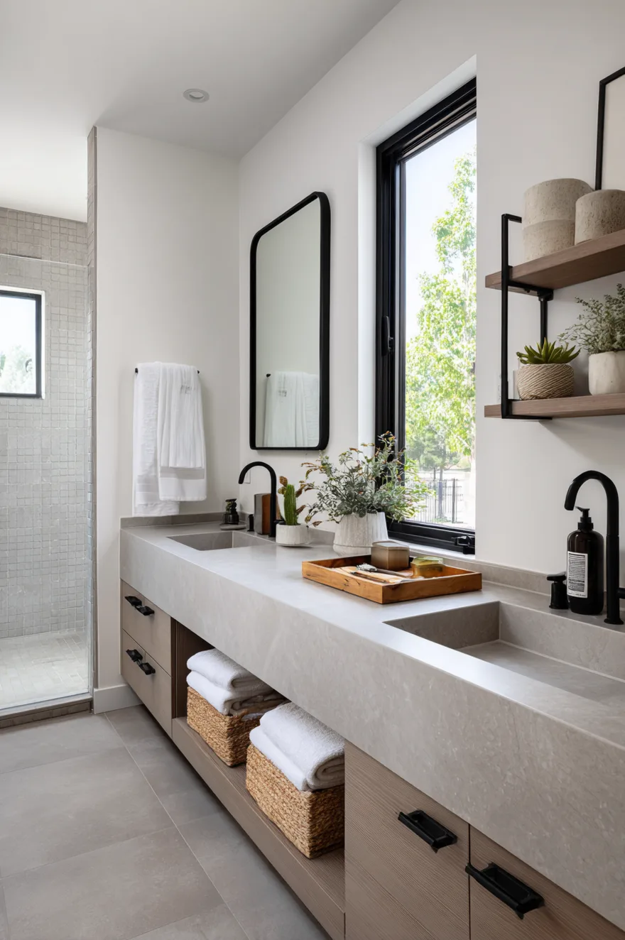 Matte grey rectangular floor tiles matching a custom grey concrete double trough sink vanity with ribbed wood lower shelving, matte black hardware, and black-framed mirrors.