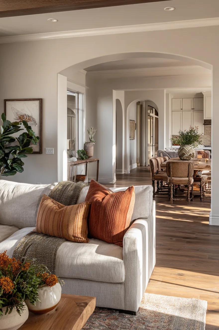 A warm neutral living space with a cream sofa and rust colored pillows, looking through large archways toward a dining area featuring a wooden table and rattan chairs.