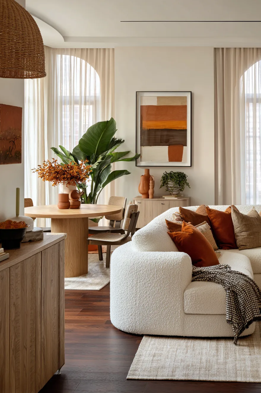 A bright open concept room featuring a curved white boucle sofa with rust pillows, a round wooden dining table with woven chairs, and a large abstract painting in warm tones.