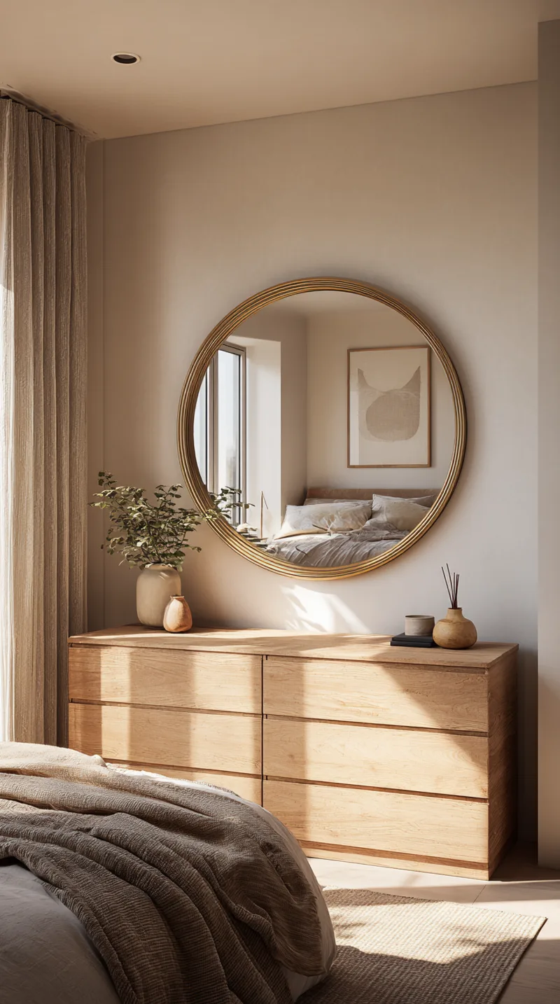 Large round gold mirror hanging above a wooden dresser in a bedroom, reflecting a window.