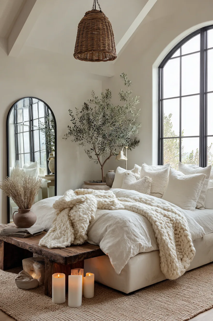 A cozy and romantic bedroom featuring a low cream platform bed layered with a thick knit blanket, a woven rattan pendant light, and lit pillar candles placed on a rustic wood bench.