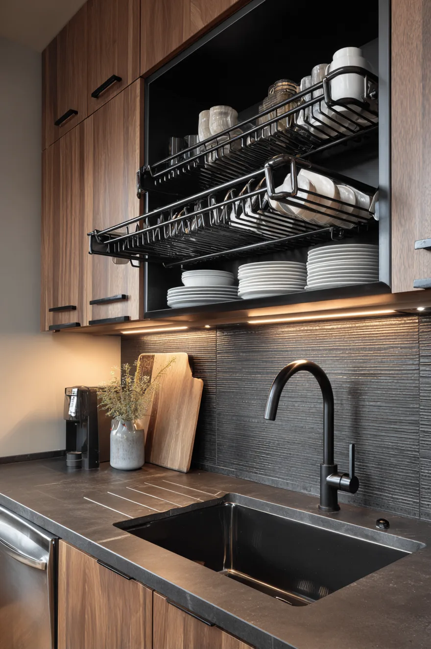 Black undermount kitchen sink with a black faucet against a textured dark grey backsplash, featuring an overhead black metal dish drying rack built into wood cabinetry with LED lighting.