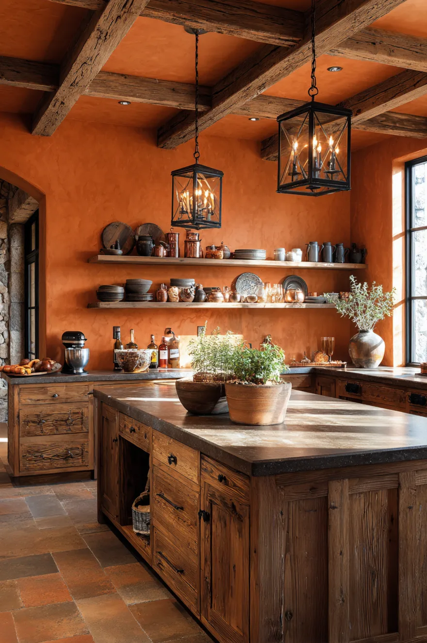 Rustic kitchen with exposed wood beams and walls painted in a deep moody terracotta color.