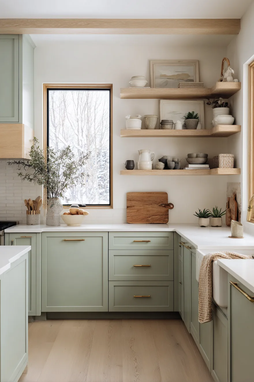 Soft sage green lower cabinets paired with light wood open shelves and white walls in a modern kitchen.