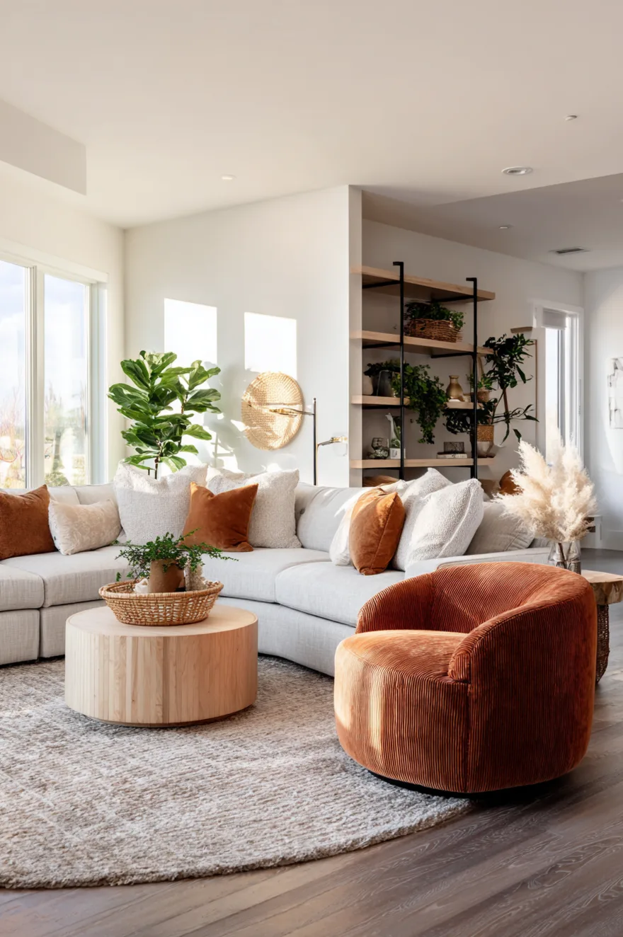 Light grey sectional sofa adorned with rust colored pillows, paired perfectly with a matching rust ribbed barrel accent chair and a solid round light wood coffee table in a bright room.