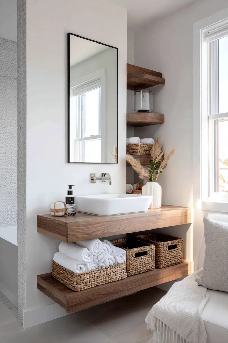 Custom wood floating vanity with built-in open shelves underneath holding large woven baskets for storage.