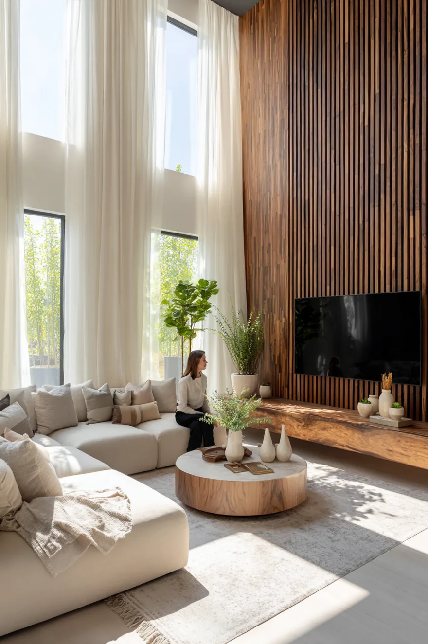 A living room TV wall featuring an asymmetrical design with light wood paneling on one side and smooth white walls on the other, anchoring a minimalist media setup.