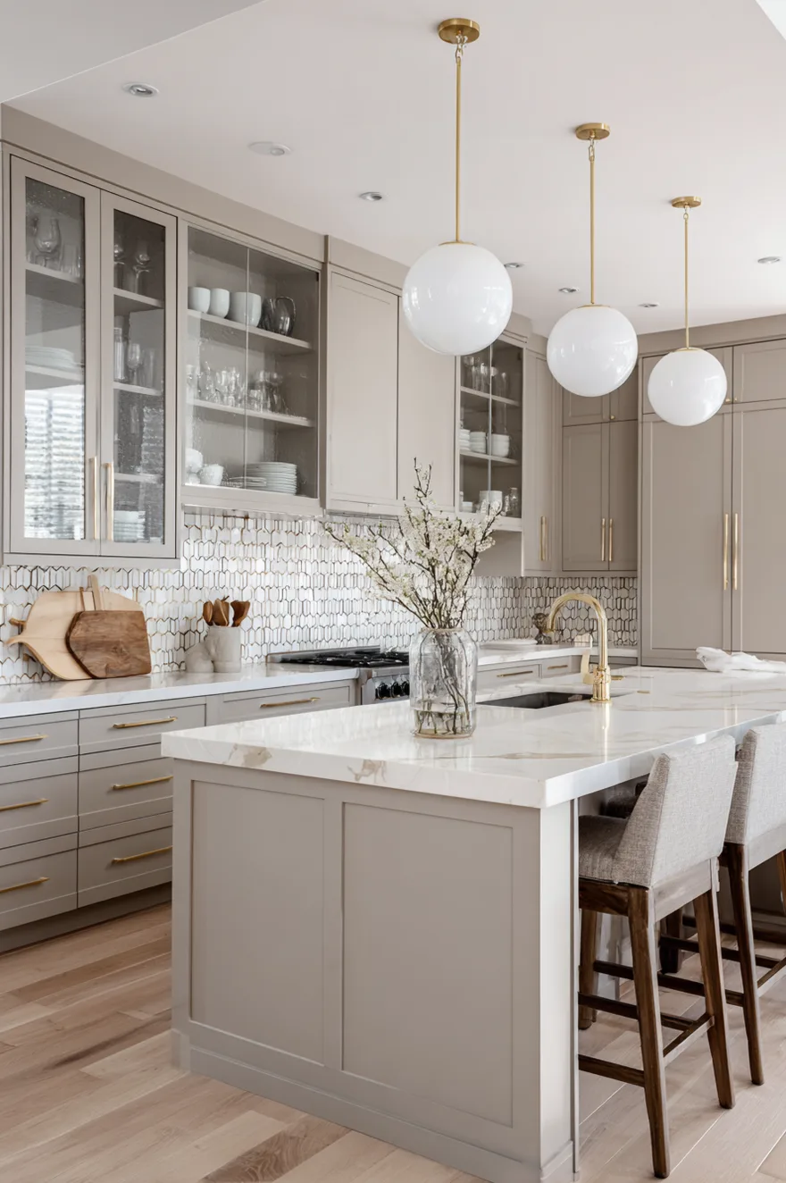 A taupe kitchen island with a white countertop, softly lit by modern white and brass globe pendant lights hanging from above.