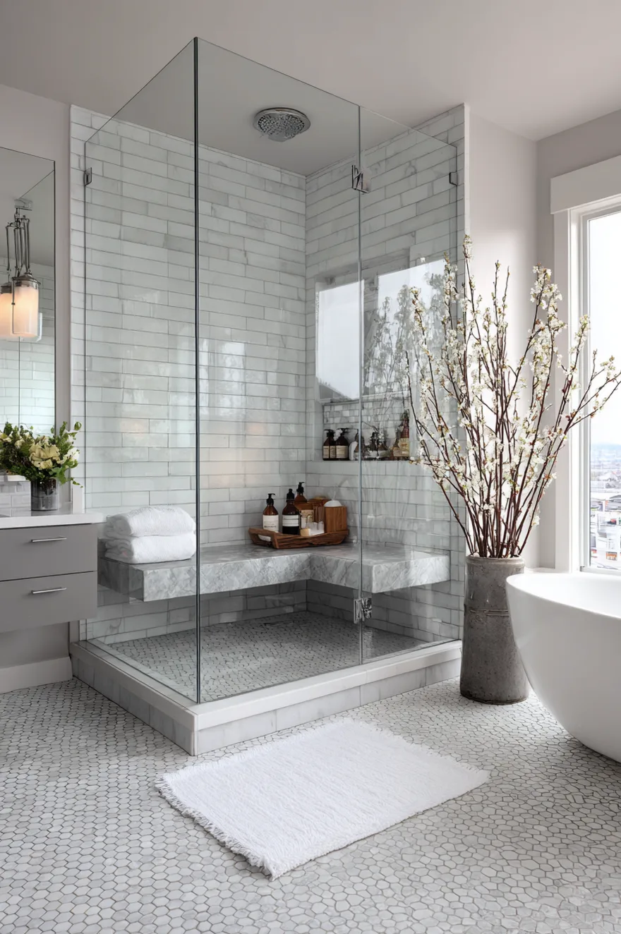 Corner glass walk in shower lined with white subway tile featuring a floating grey marble bench and hexagon floor tile, situated next to a large vase filled with white blossoms.