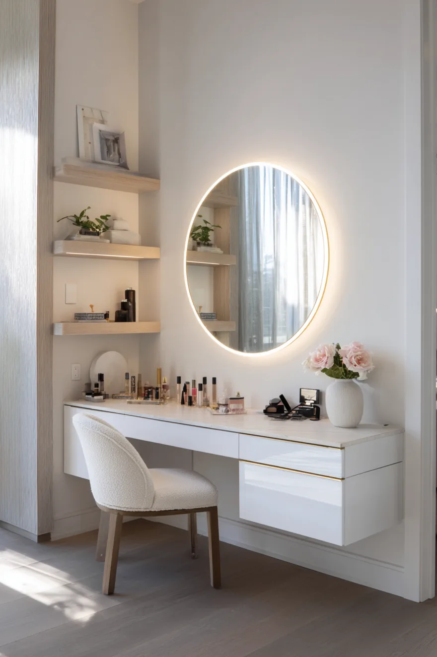 Glossy white wall-mounted floating vanity desk with a round backlit mirror, an upholstered white chair with wooden legs, and light wood floating shelves holding small plants and decor.