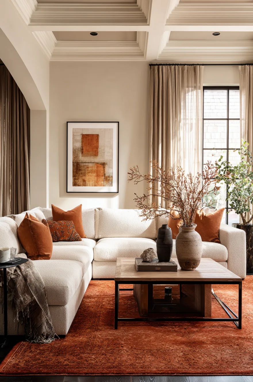 A cozy living room with a white textured sectional sofa placed on a rich burnt orange terracotta patterned area rug, styled with matching rust colored throw pillows.