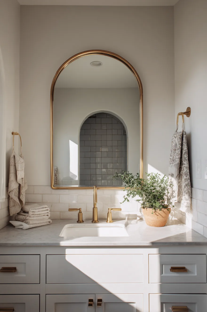Builder-grade white vanity transformed by an oversized arched scallop-edge mirror, brushed brass faucet, white subway tile backsplash, and a small potted plant.
