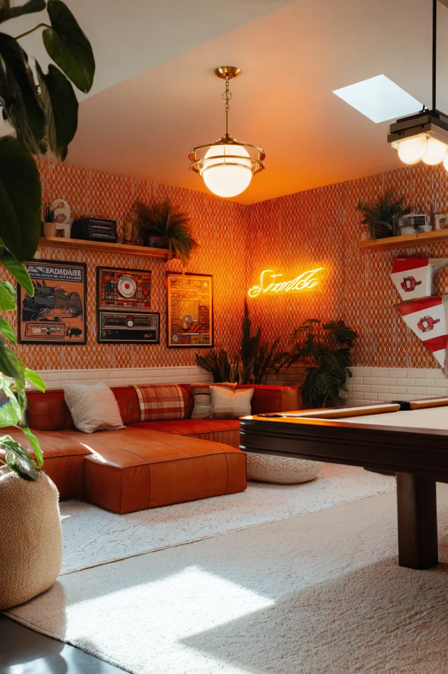 Basement game room with billiards table, retro neon sign on painted brick wallpaper, cream shag rug, bean bag seating, and terracotta and cream color palette.