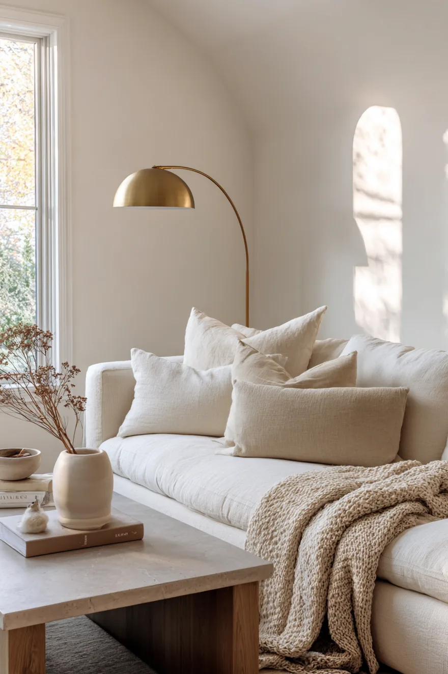 Modern neutral living room with soft greige walls, warm ivory linen sofa, matte soapstone side table, single arched brass floor lamp, and a small ceramic vase with a dried stem.