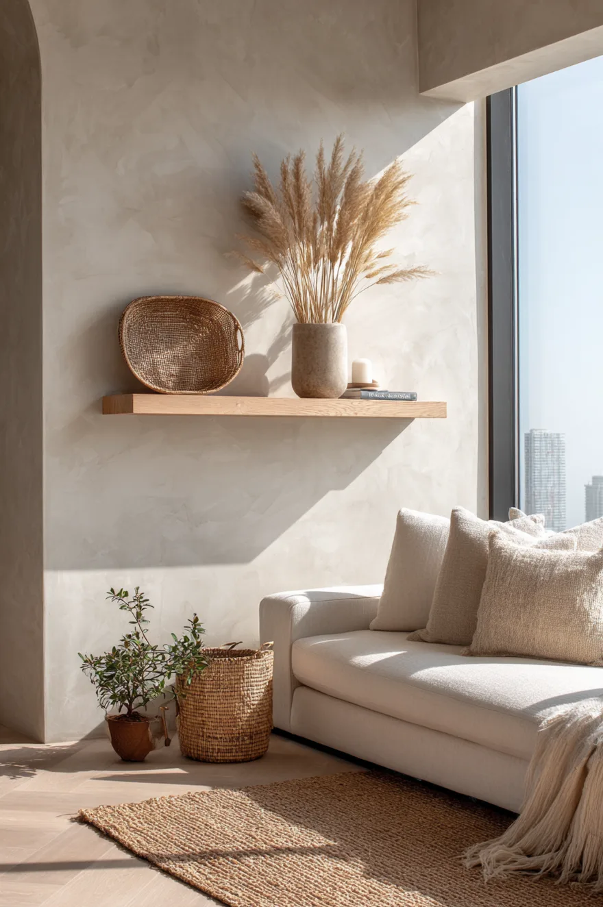Single whitewashed oak floating shelf on a warm gray plaster-texture accent wall with a curved rattan tray, dried pampas stems in a stone vase, and one flat art book in an airy living room.