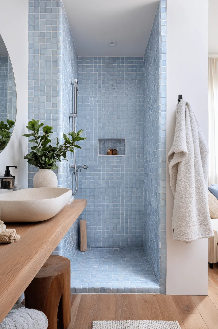Pale blue zellige-look tile covering the entire shower wall floor to ceiling with a butcher block vanity top beside it, matte white fixtures, a rainfall showerhead, and warm wood floors in a small farmhouse bathroom.
