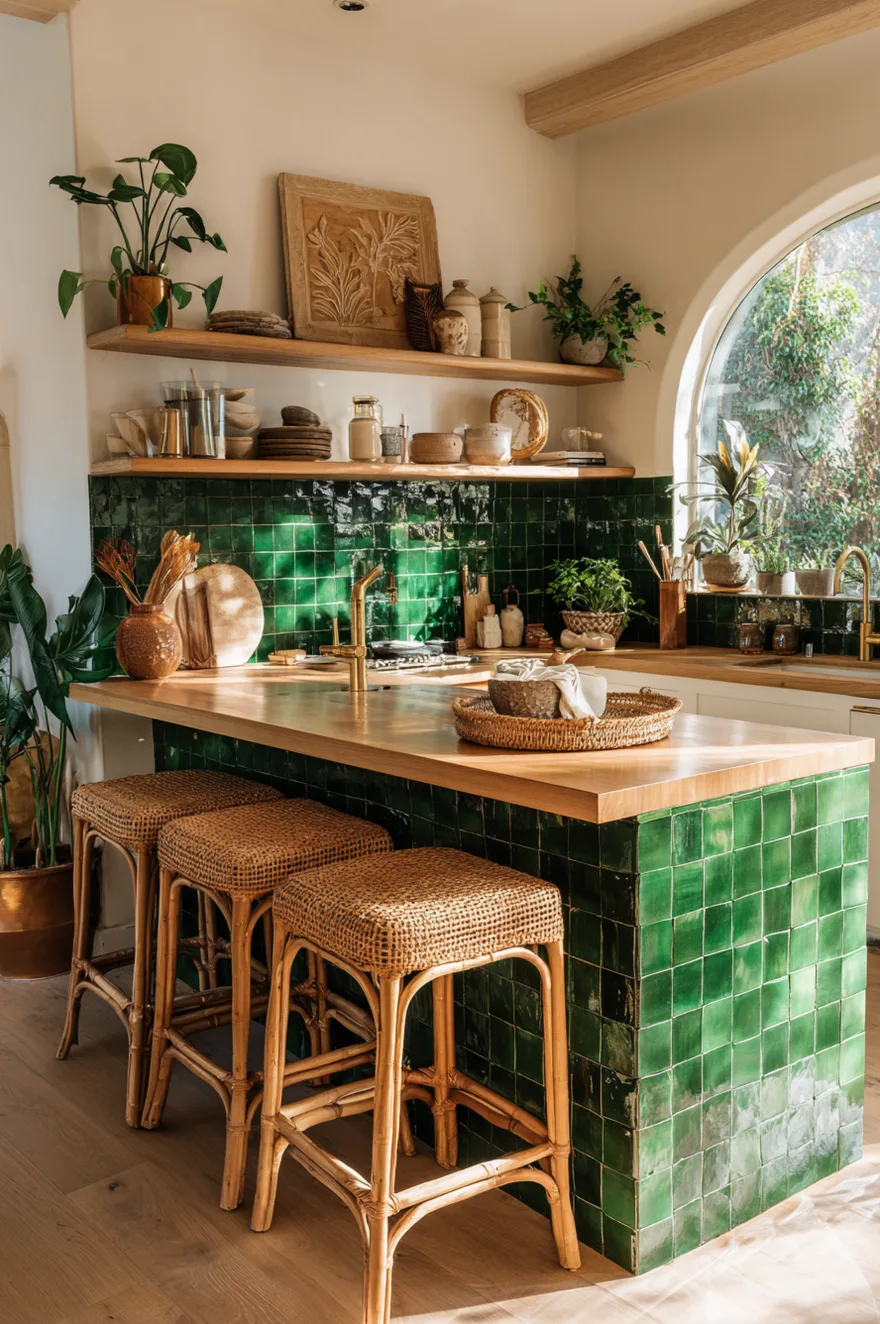 Natural rattan-wrapped bar stools at a zellige green tile-to-ceiling kitchen island with brass faucet, trailing pothos, and ceramic canisters on a warm wood shelf.