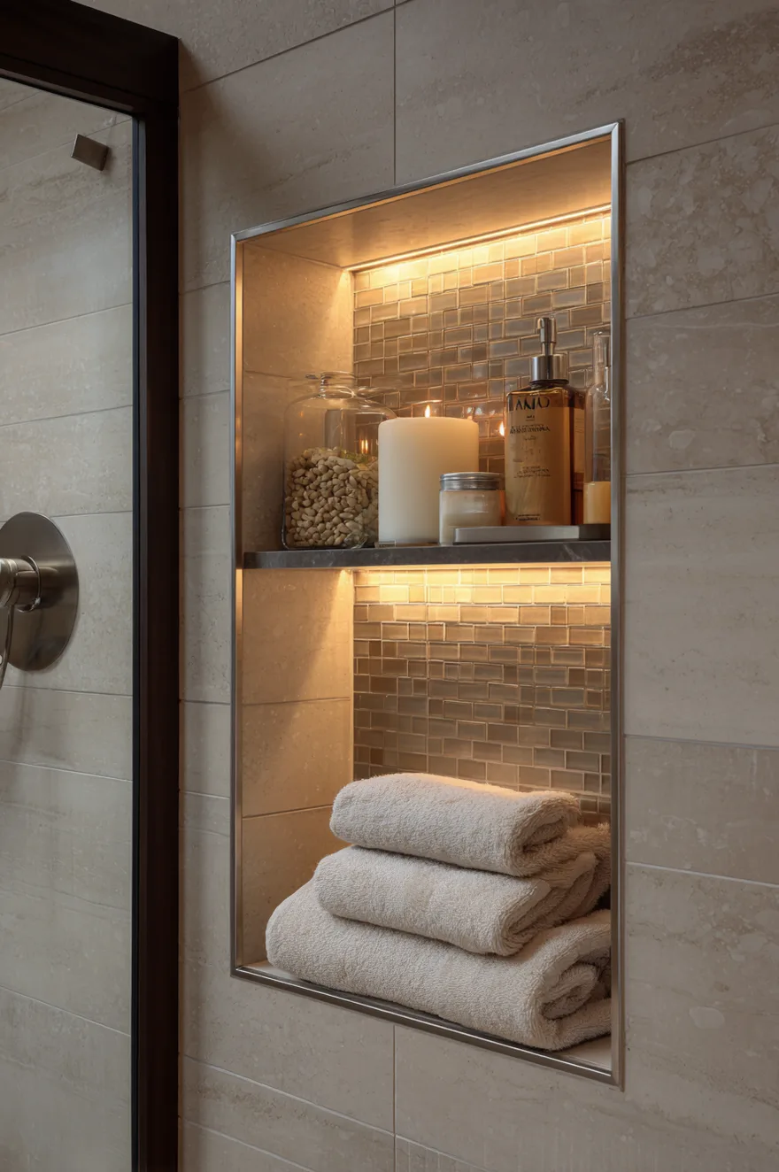A close up of a built in shower niche featuring two shelves illuminated by integrated warm LED lighting, set against small mosaic tiles and displaying folded towels and bath products.