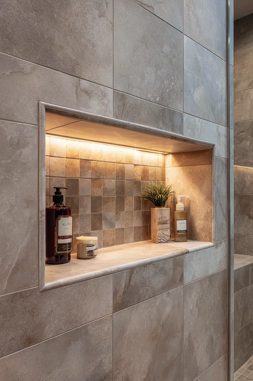 A wide rectangular built in shower niche set into large grey stone tiles, showcasing warm integrated LED lighting from above to highlight small square mosaic backing tiles and bath products.