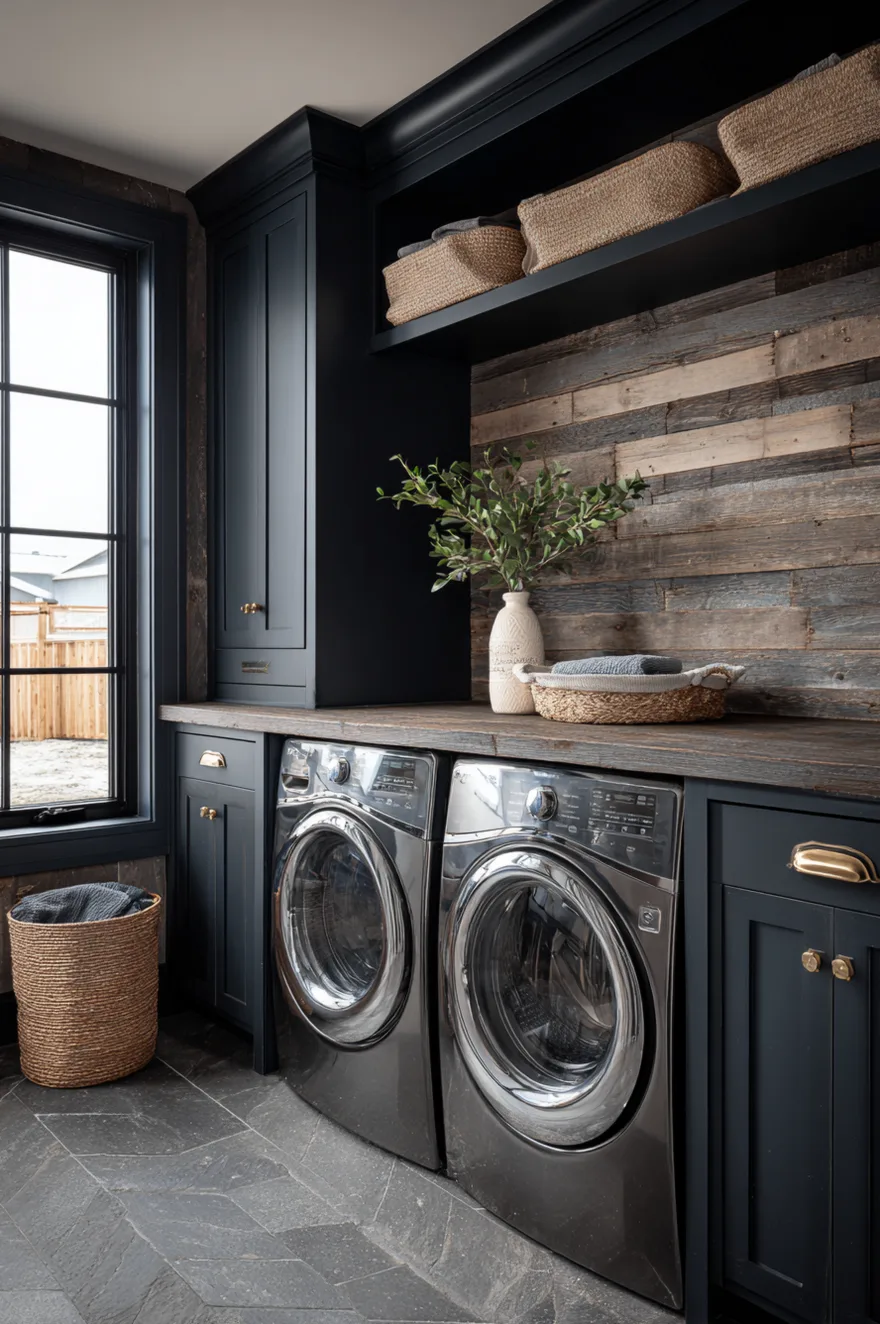 Moody laundry room with deep navy blue cabinets, a patterned rug, and warm wood accents.