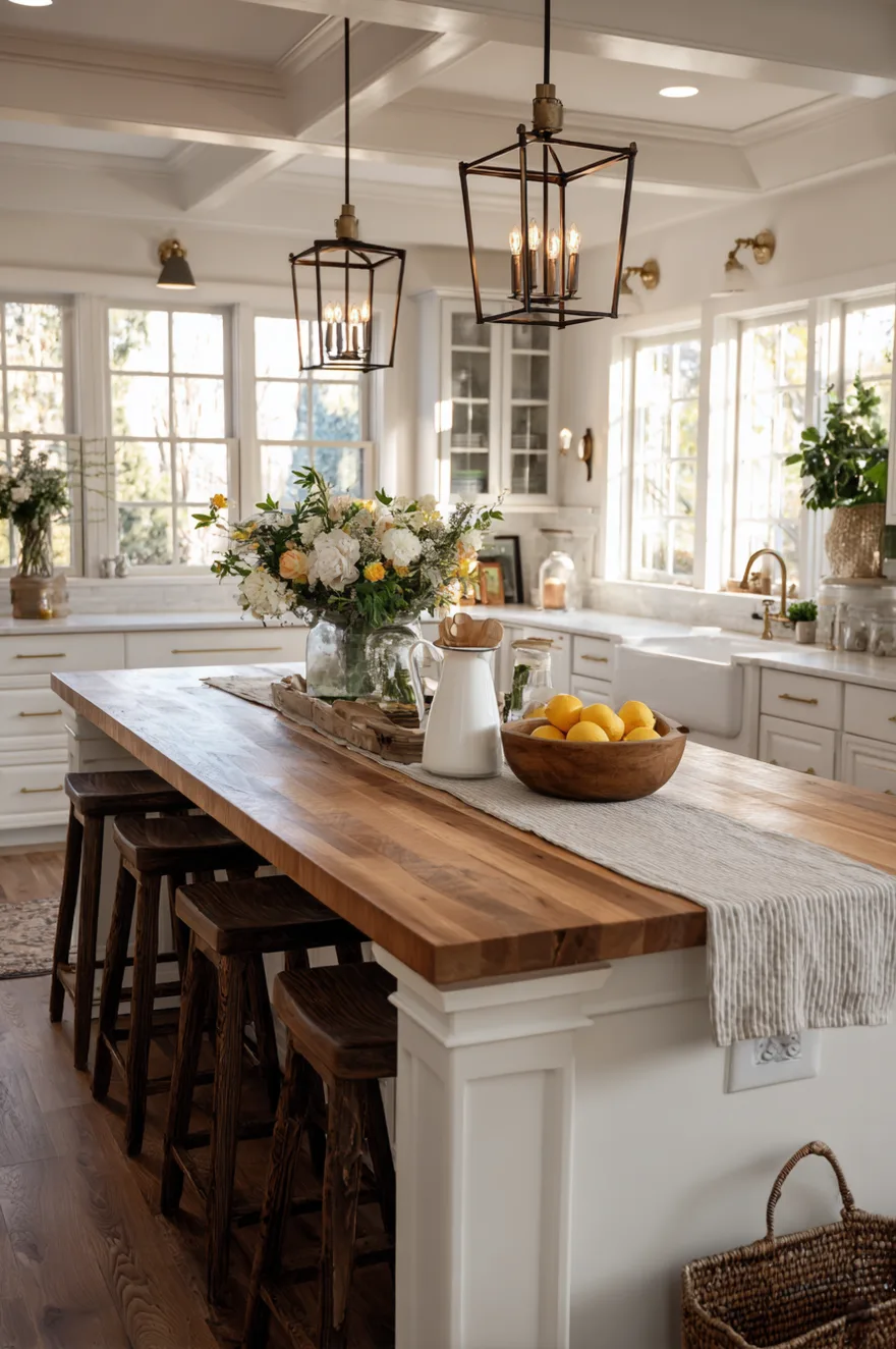 Long wood butcher block kitchen island countertop with a striped linen table runner holding a long, low rustic wooden dough bowl filled with white roses, a simple white ceramic pitcher, and a wooden bowl of lemons.
