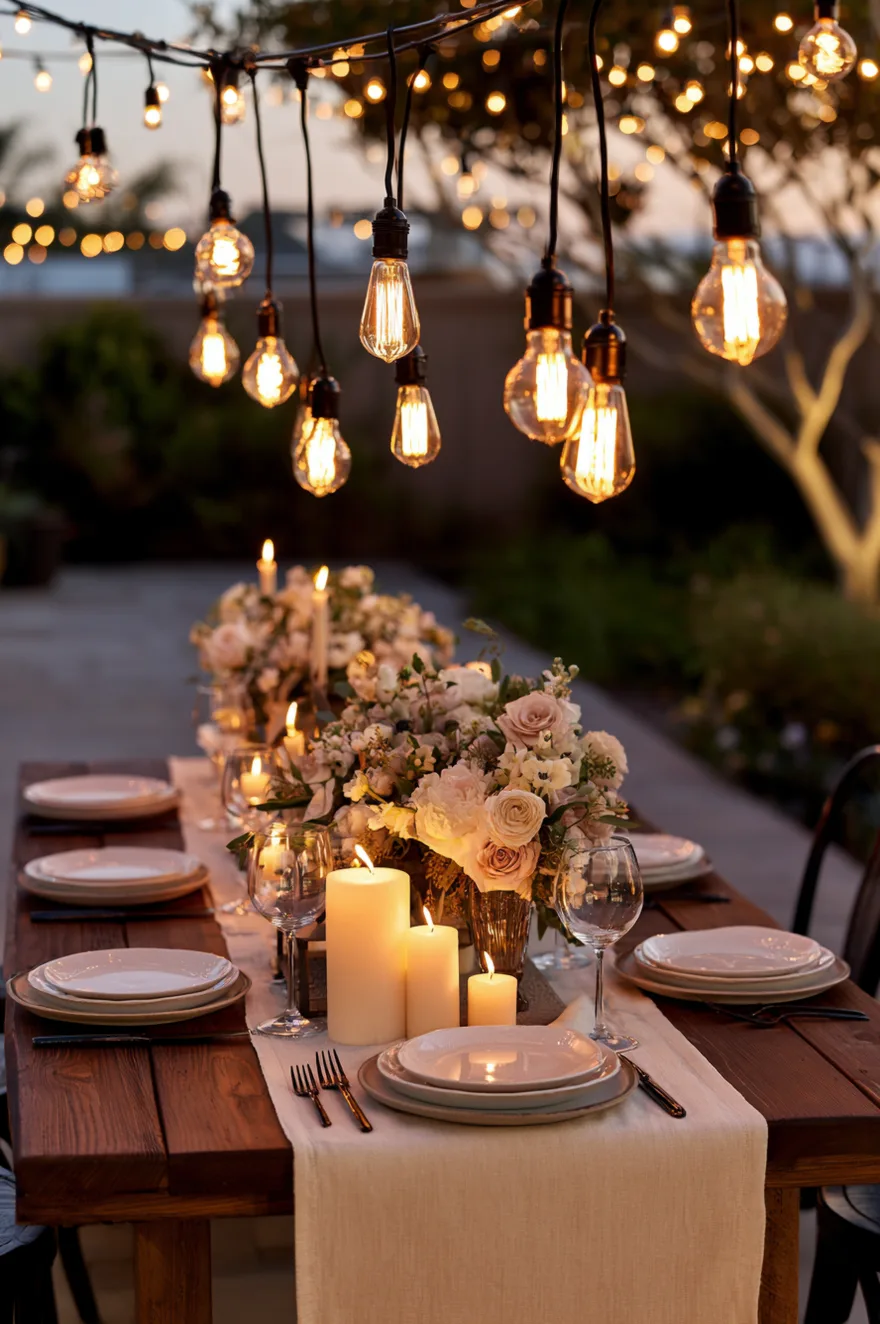 Outdoor dining table set with neutral linens and white candles, illuminated by a string of warm hanging Edison bulbs and a surrounding lush green garden at twilight.