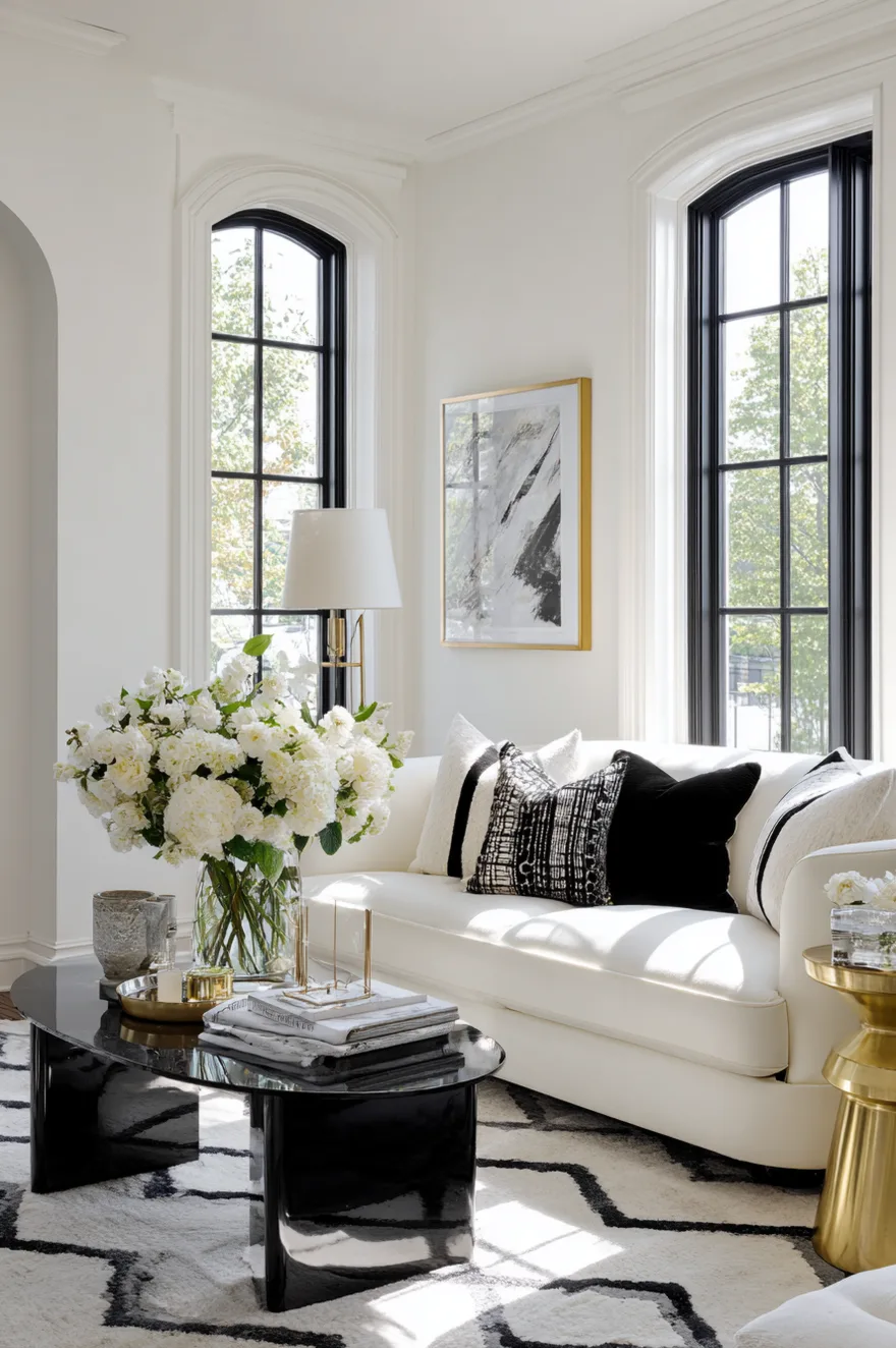 Bright living room with crisp white walls, high arched windows with black frames, a white sofa with black pillows, a glossy black coffee table, and a black and white geometric rug.
