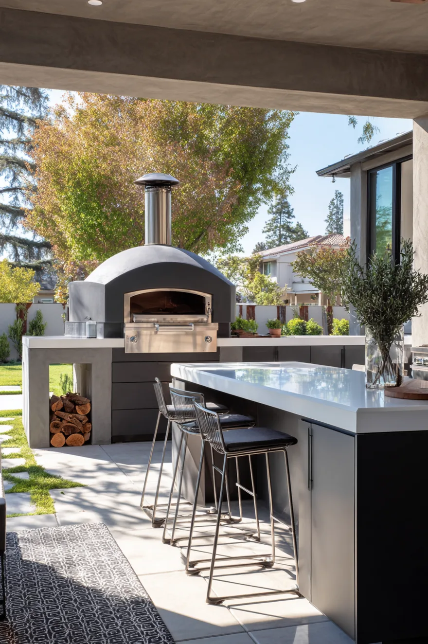 Modern dark grey outdoor kitchen island with smooth concrete countertops, a large black matte dome pizza oven as the focal point, and black metal bar stools.