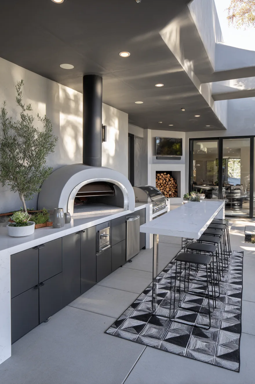 U-shaped outdoor kitchen with muted green cabinetry, marble countertops, wood accents, and a built-in pizza oven next to a standard grill station.