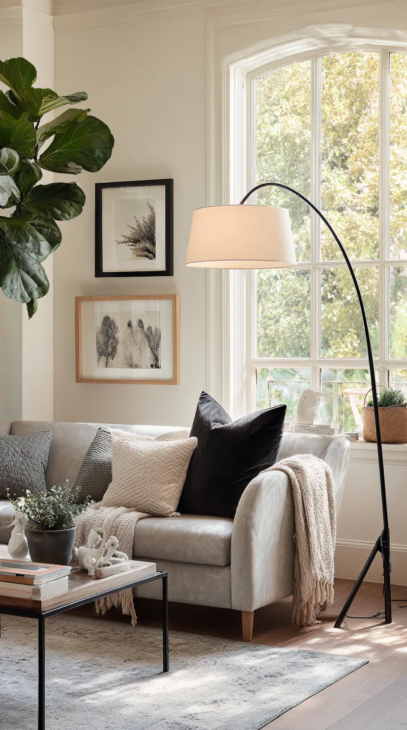 Minimalist tripod floor lamp standing next to a grey sofa in a contemporary living room setting.