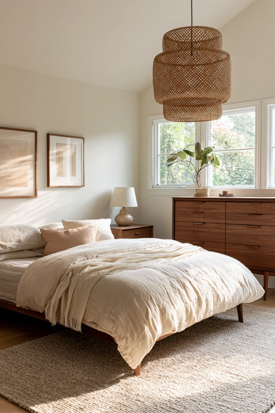 Mid-century modern walnut dresser with a small green plant, positioned next to a low bed with cream linen sheets and a woven rattan tier pendant light hanging from a slanted ceiling.