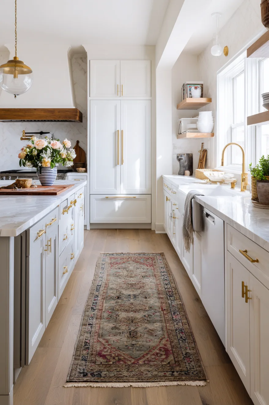 Faded vintage Persian runner rug in muted pink, blue, and beige tones laying on a light wood floor between a white kitchen island and white lower cabinets with brass drawer pulls.