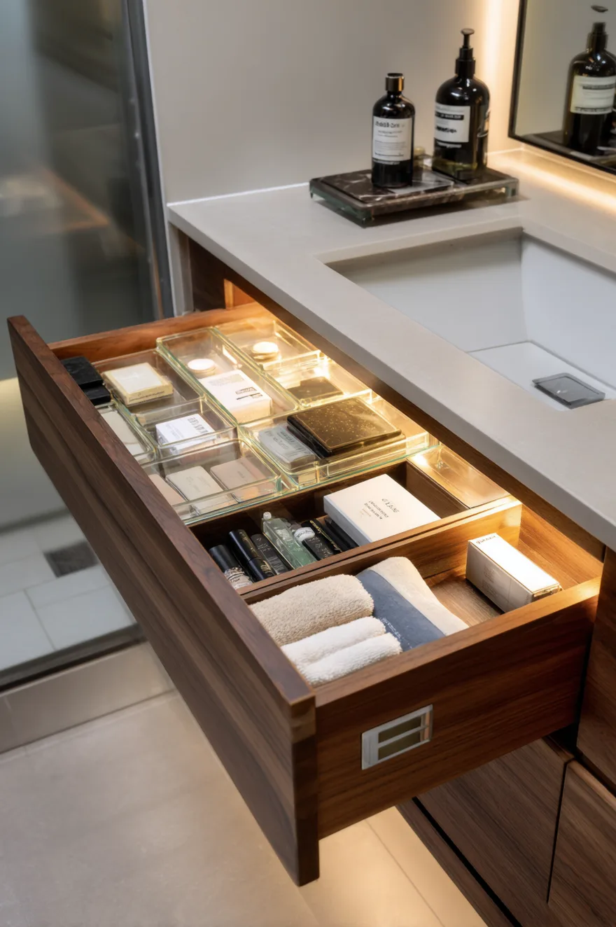 An open bathroom drawer illuminated by a warm LED strip light, highlighting wooden dividers filled with organized toiletries and makeup.