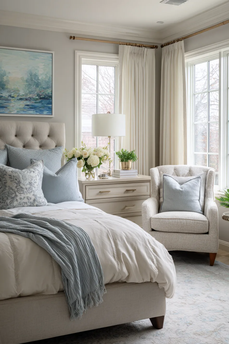 Serene bedroom ideas for parents designed as a kid-free zone with no toys and a relaxing seating area.