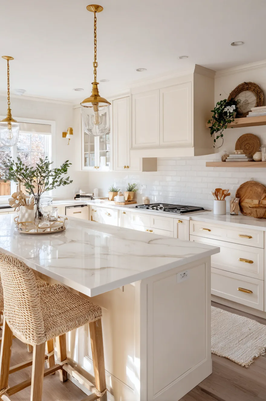 Bright kitchen painted in warm creamy white (White Dove) with wood floors and brass accents.