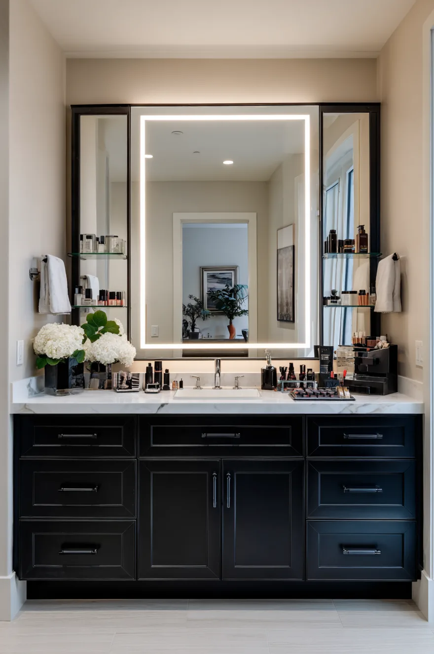 Matte black bathroom vanity with silver drawer pulls, a white marble countertop with an undermount sink, a large backlit rectangular mirror, and black-framed glass side shelves displaying cosmetics.