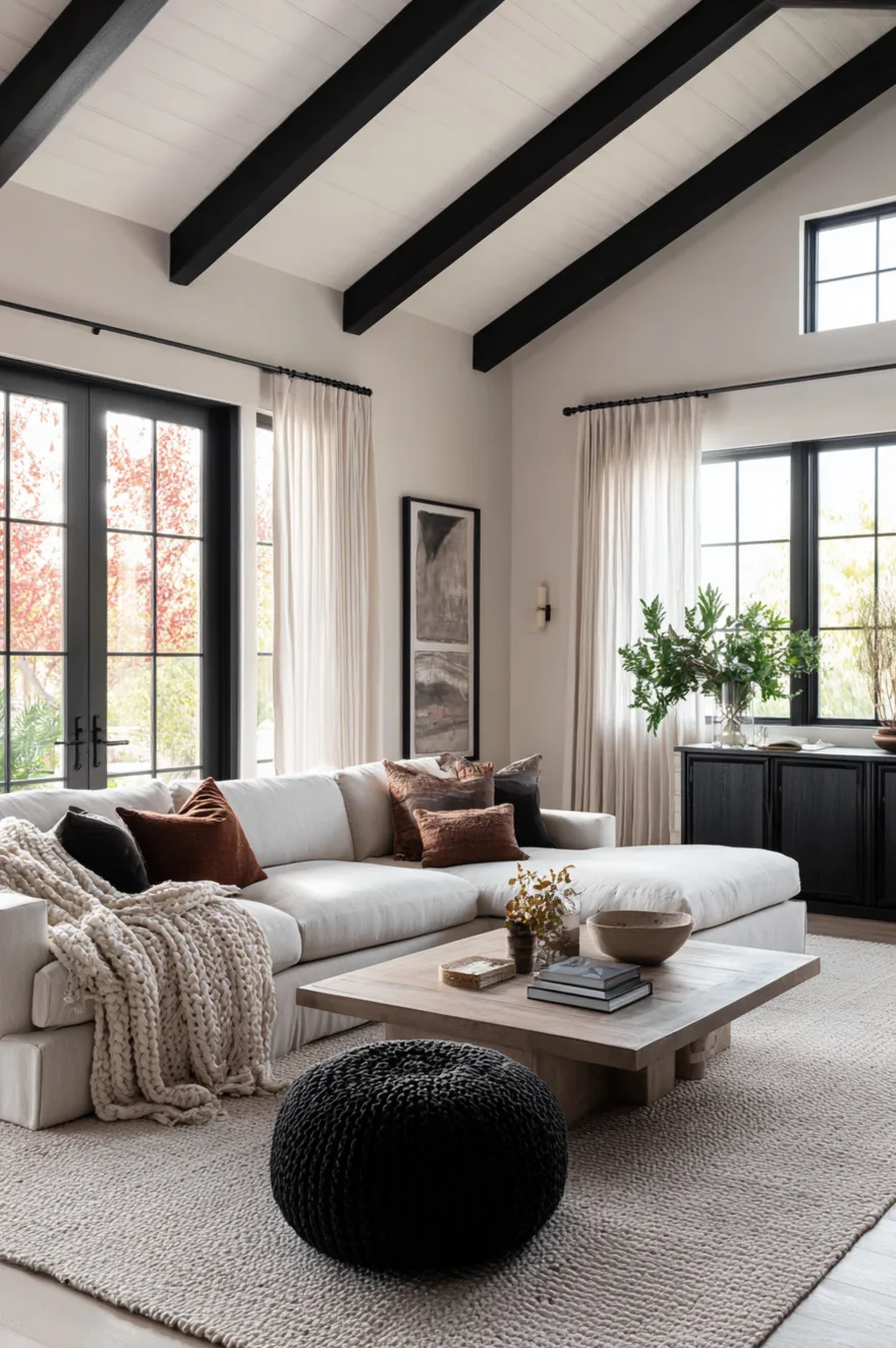 A vaulted white ceiling featuring striking black exposed wooden beams, looking down onto a modern beige and black living room layout below.