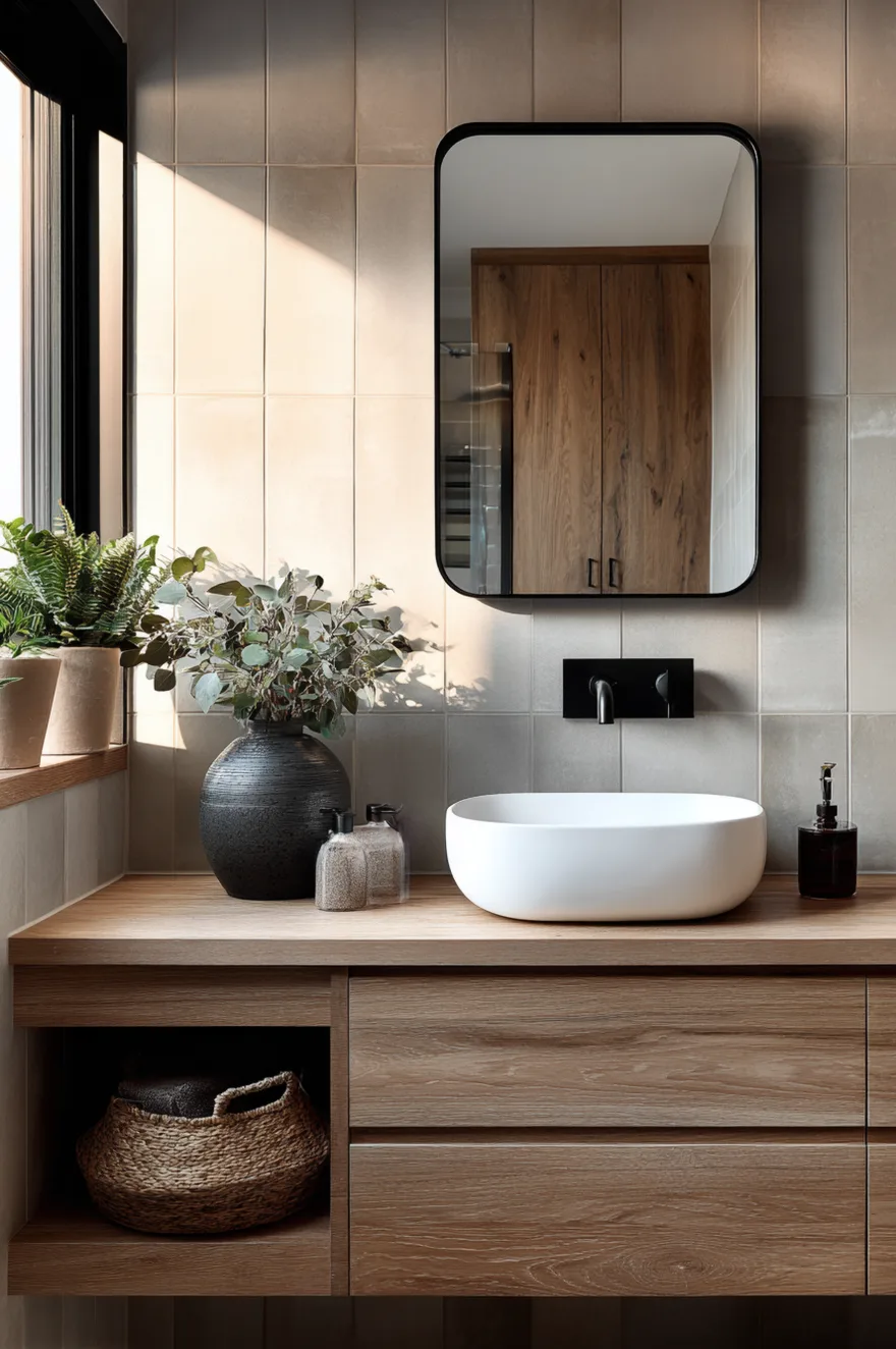 A white bowl sink sits on a wood vanity with a matte black wall-mounted faucet, a rounded rectangular black-framed mirror, and light beige square wall tiles.