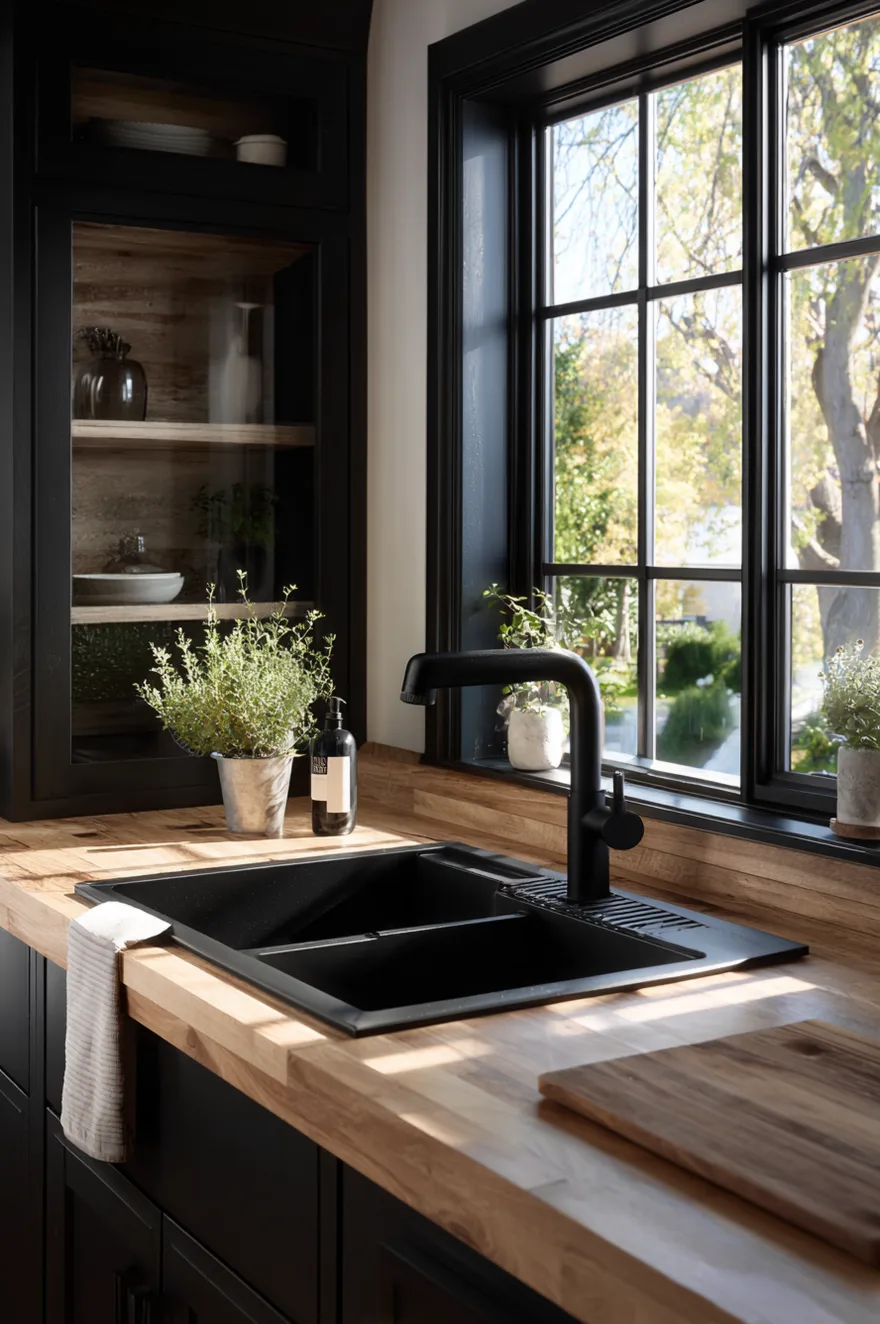 Black double bowl kitchen sink with a matte black faucet, set into light wood butcher block countertops above black cabinetry, next to a black-framed window.