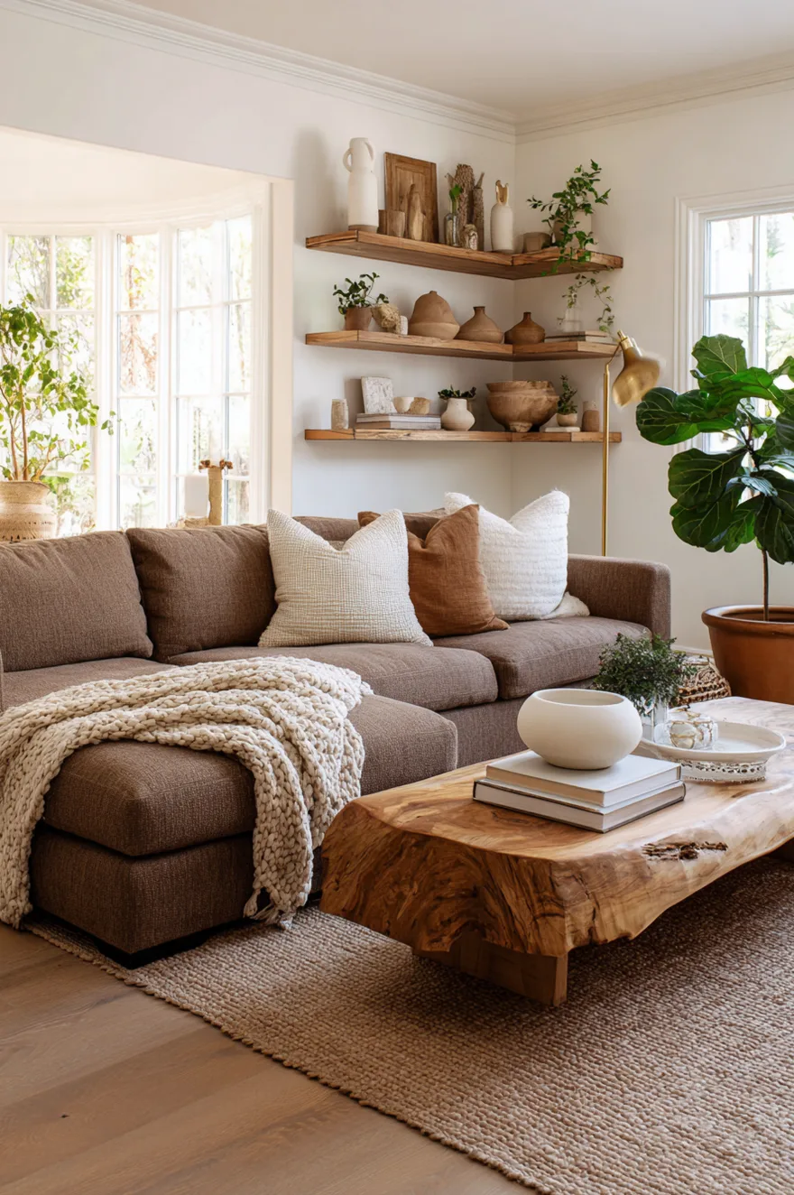 Brown textured sectional sofa layered with white and tan pillows and a thick knit blanket, sitting behind a raw live edge wood coffee table and next to floating corner shelves displaying earthen pottery.