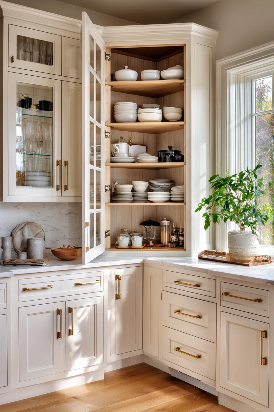 Open corner kitchen cabinet with glass front bifold doors revealing organized wood shelves stacked with white bowls and plates, surrounded by cream cabinets with gold handles.