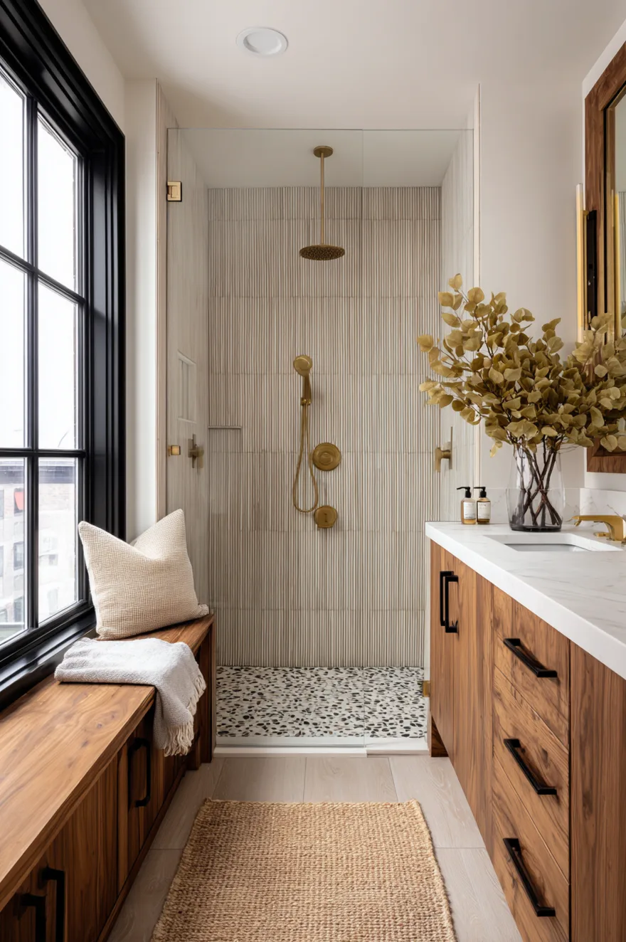 Walk in shower featuring vertical beige fluted tile, gold hardware, and a pebble floor, located beside a wood double vanity and a matching wood bench under a black framed window.