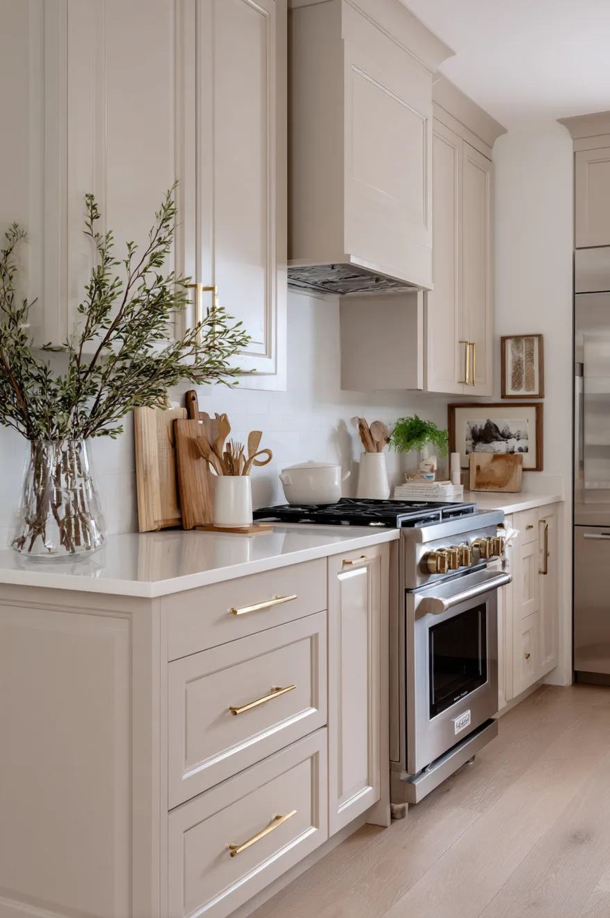 Bright and airy kitchen featuring light taupe shaker cabinets, white countertops, a white tile backsplash, and warm brass hardware.