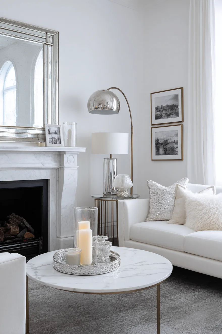 Modern white living room featuring a brass floor lamp and a silver tray on the coffee table for subtle shine.
