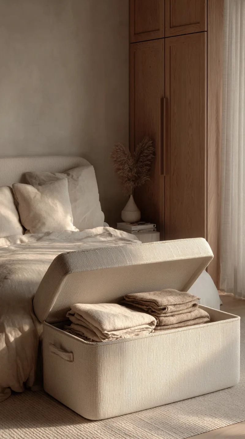 Beige storage ottoman at the foot of a bed opened to show folded blankets inside.