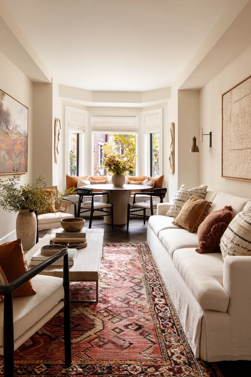 A narrow living space featuring a cream sofa facing two accent chairs over a red vintage runner rug, leading back to a round dining table set in a sunny bay window.