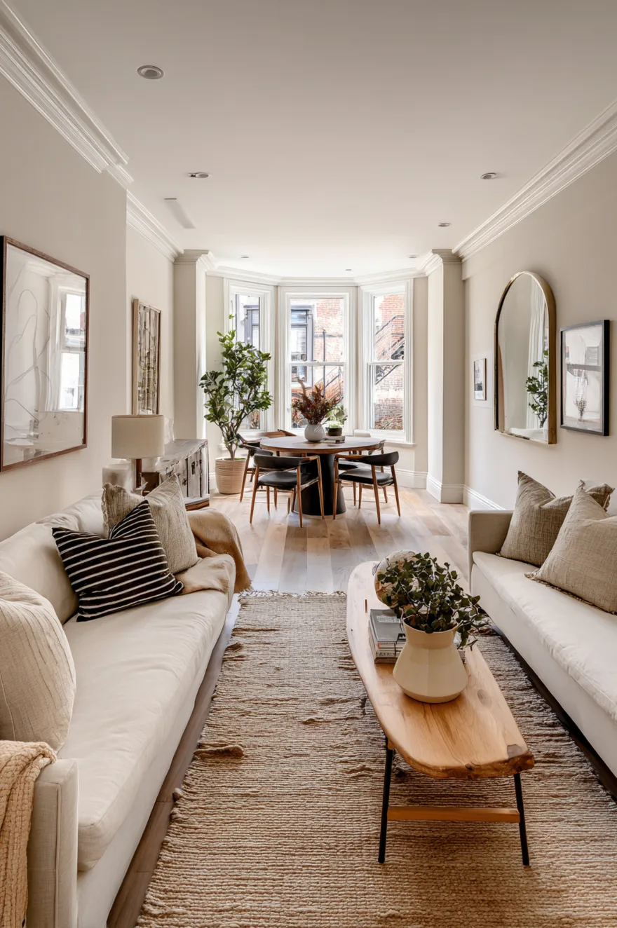 A long narrow room with two cream sofas facing each other across a slim wooden coffee table, with a round black dining table and chairs situated in a bay window at the far end.