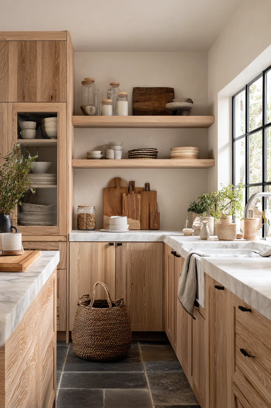 Kitchen detail showing light oak cabinets, marble countertops, and woven baskets on the floor.
