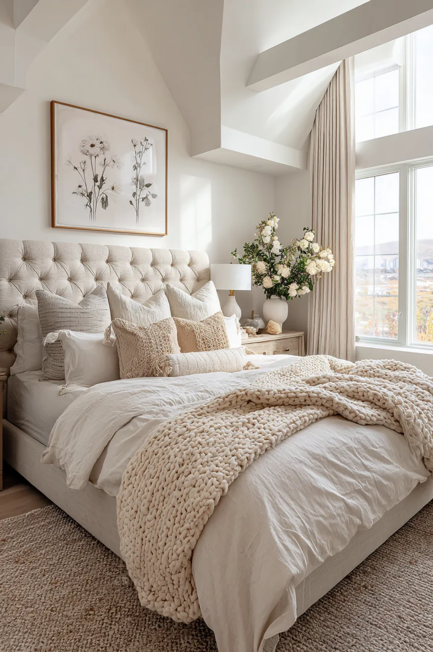 A beautifully lit bedroom with vaulted ceilings, showcasing a tall cream tufted headboard, a bed heavily layered with textured pillows and a thick knit blanket, and a vase of white flowers.