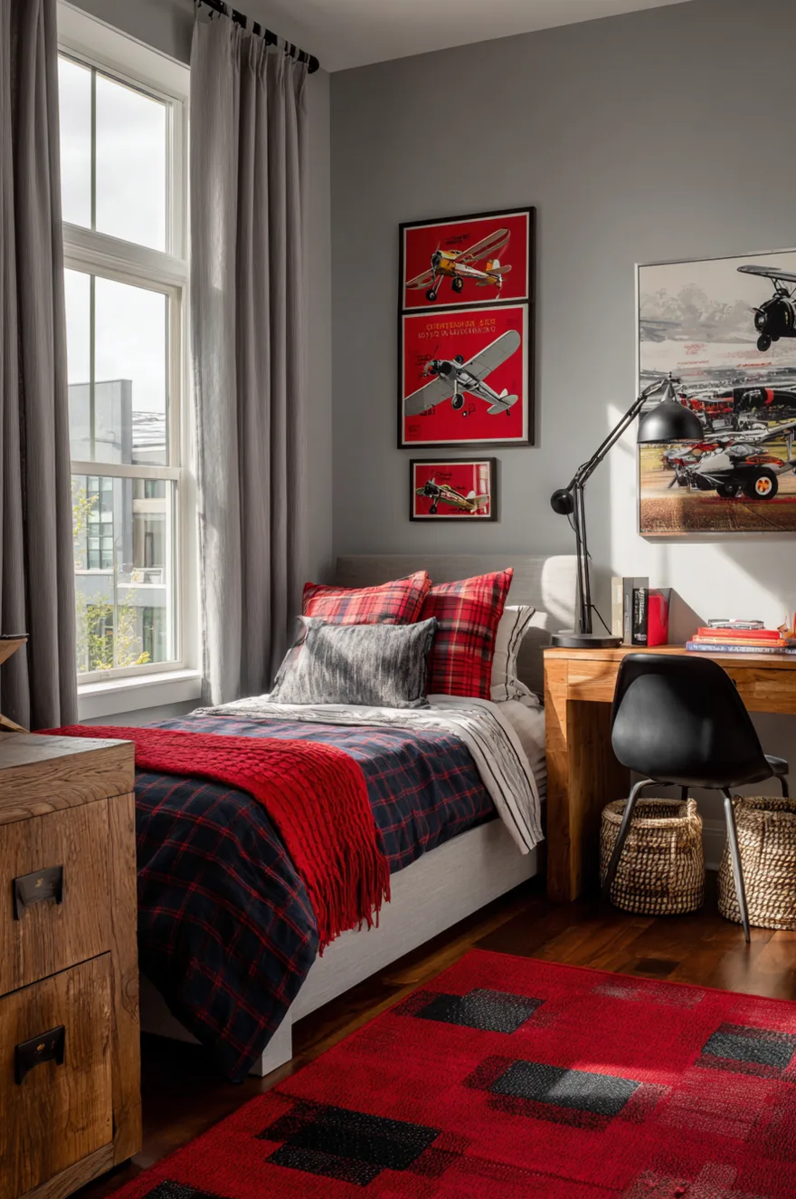 Boys bedroom with grey walls, a white bed styled with navy and red plaid bedding and a bright red throw blanket, a rustic wood desk, and framed vintage red airplane posters on the wall.